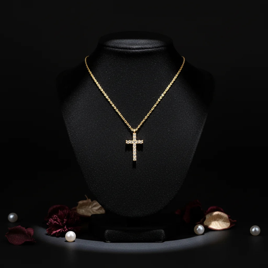 Pave Cross Pendant Necklace with Dainty Chain