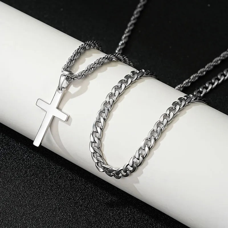 Men's Layered Cuban Rope Chain Cross Necklace