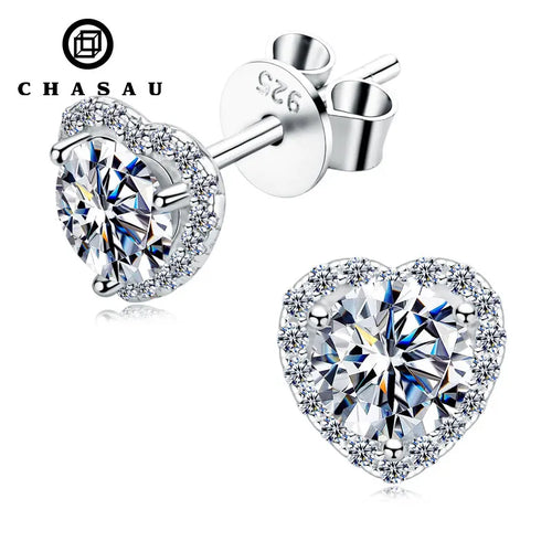 Heart Moissanite Halo Sterling Silver Stud Earrings