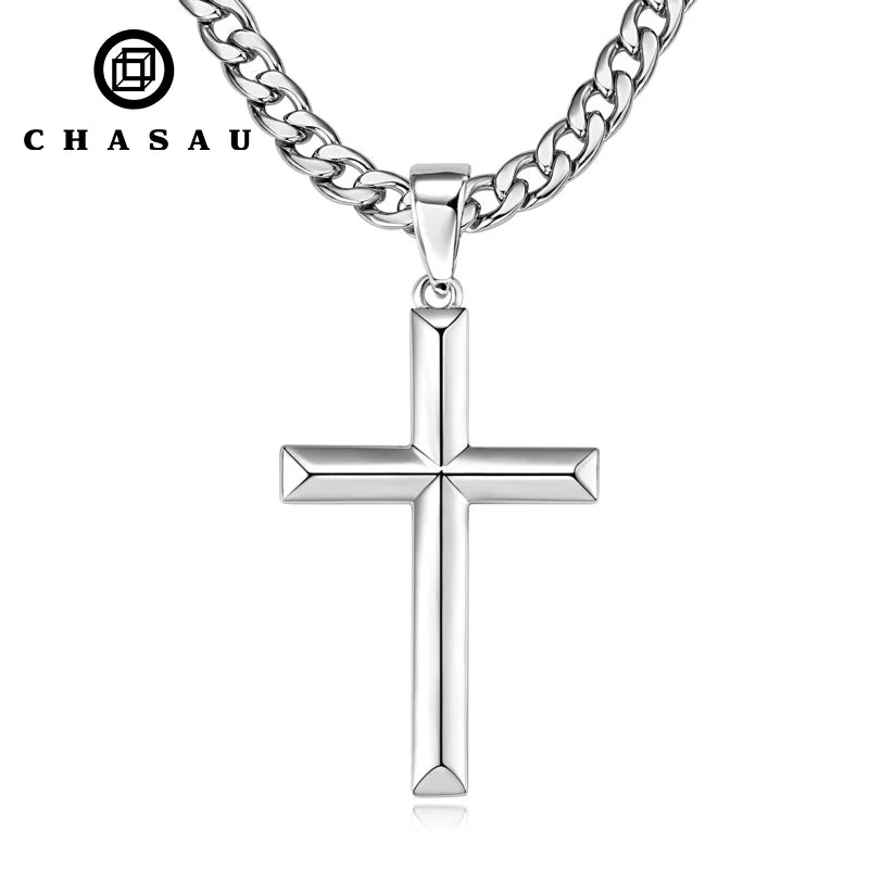 Men's Minimalist Polished Silver Cross Pendant Necklace