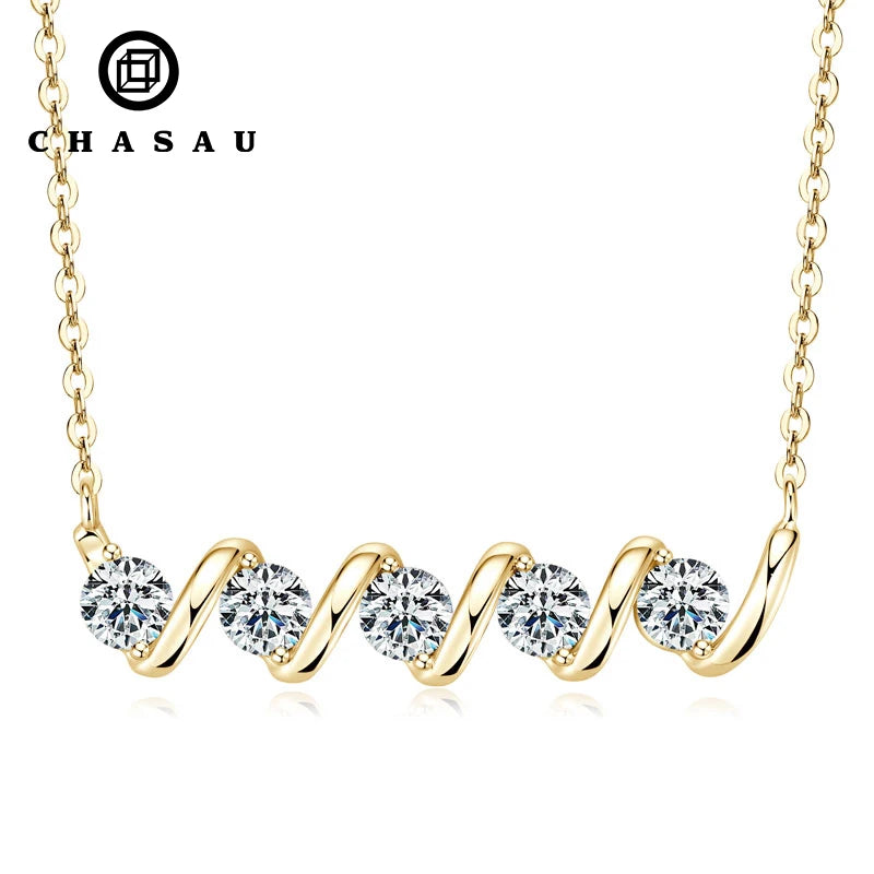 Wave Design Five Stone Gold Silver Pendant Necklace