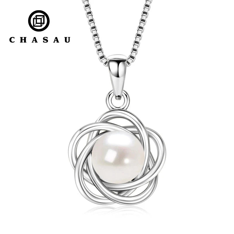 Intertwined Loop Flower Pearl Pendant Necklace