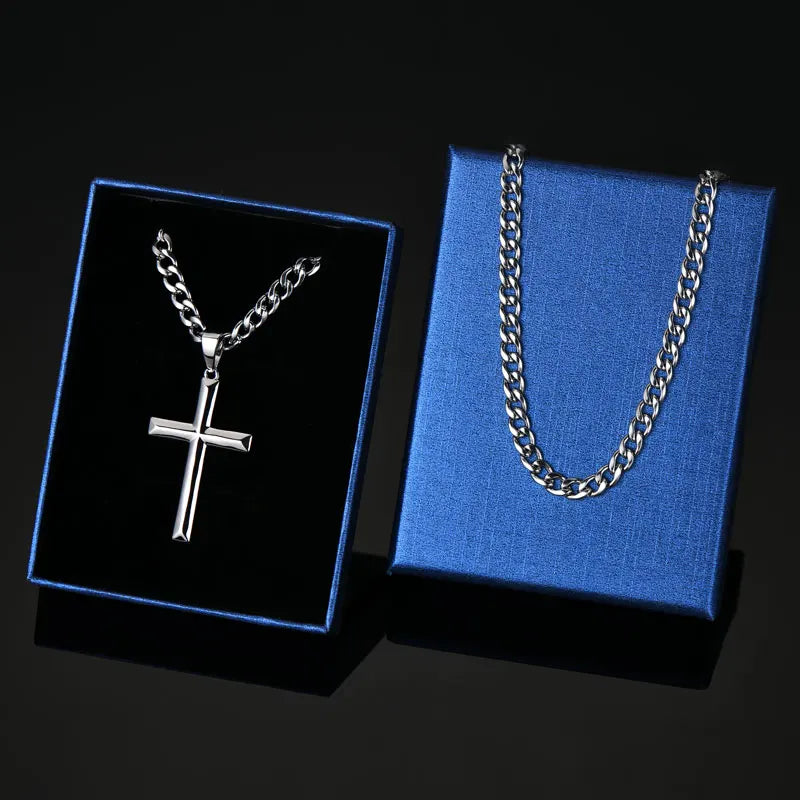 Men's Minimalist Polished Silver Cross Pendant Necklace