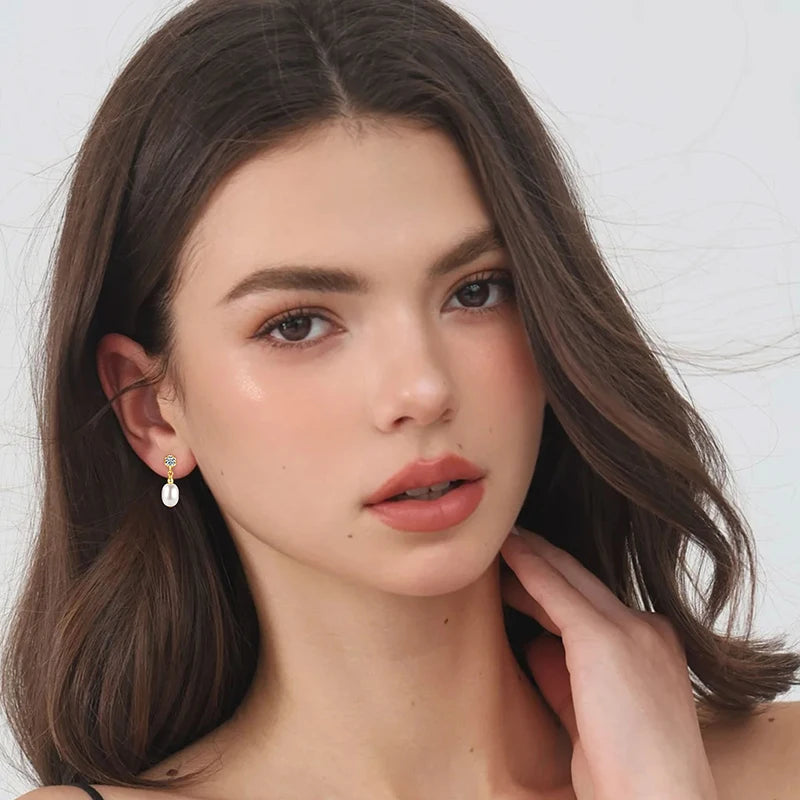 Dainty Oval Pearl & CZ Drop Earrings