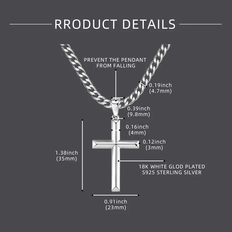 Men's Minimalist Polished Silver Cross Pendant Necklace