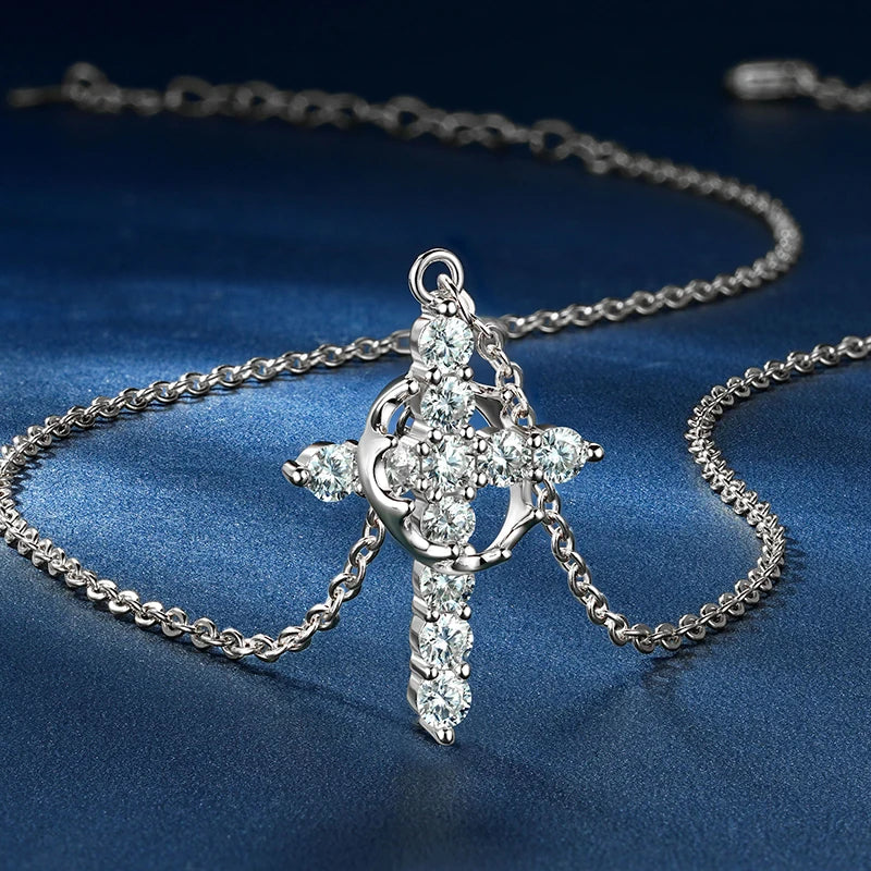Moissanite Crown Cross Pendant Necklace