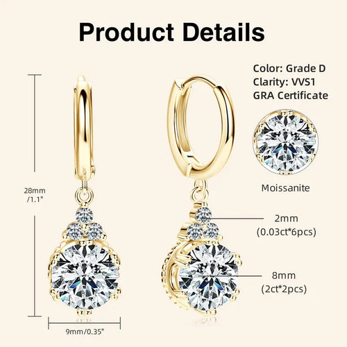 Classic Gold Dangle Moissanite Drop Hoop Earrings