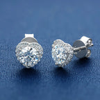 Moissanite Heart Halo Stud Earrings in Silver