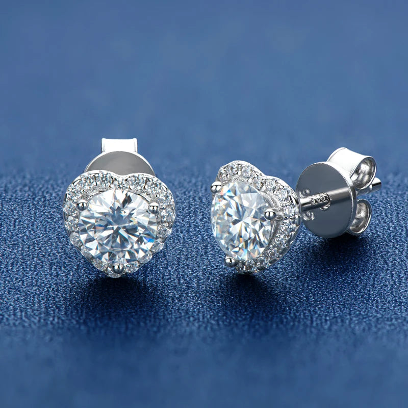 Moissanite Heart Halo Stud Earrings in Silver