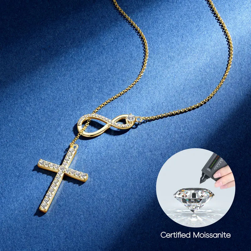 Infinity Cross Lariat Moissanite 925 Silver Necklace