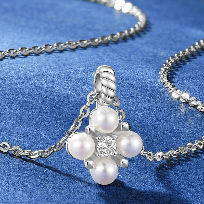 Dainty Clover Pearl and CZ Pendant Necklace