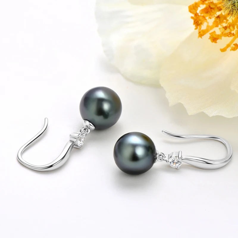Tahitian Black Pearl Hook Earrings with Zirconia