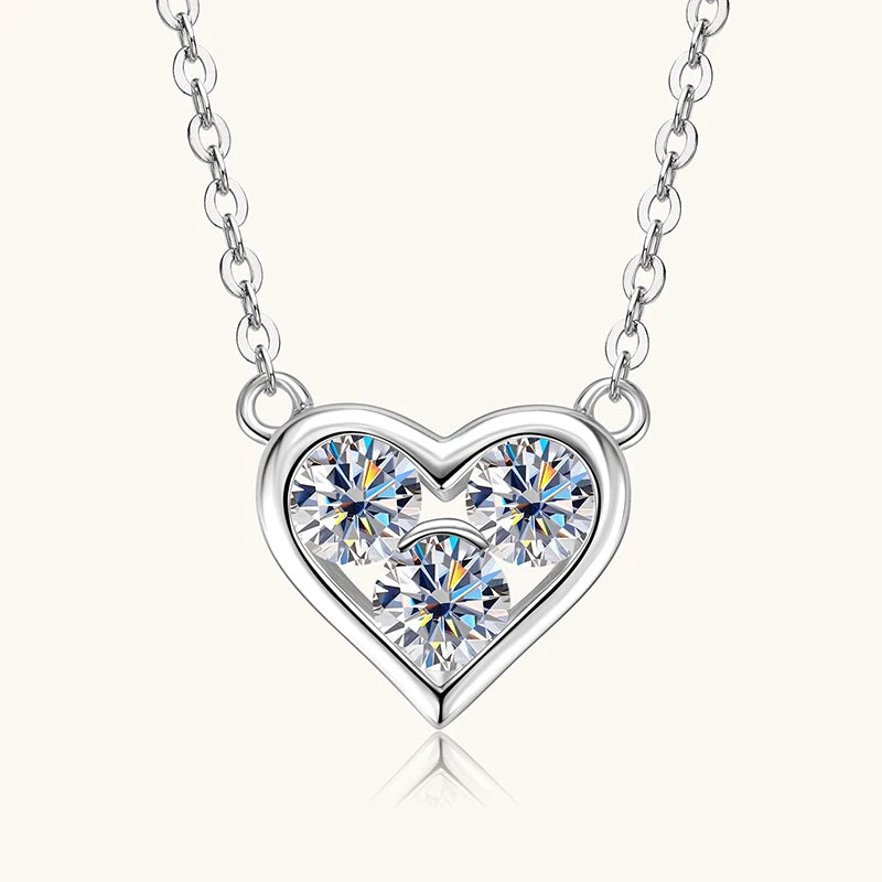 Three Stone Moissanite Heart Necklace