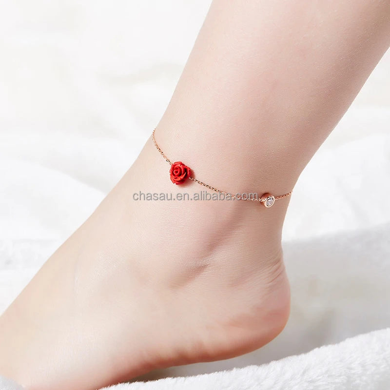 Rose Gold Chain Anklet with Red Rose and CZ