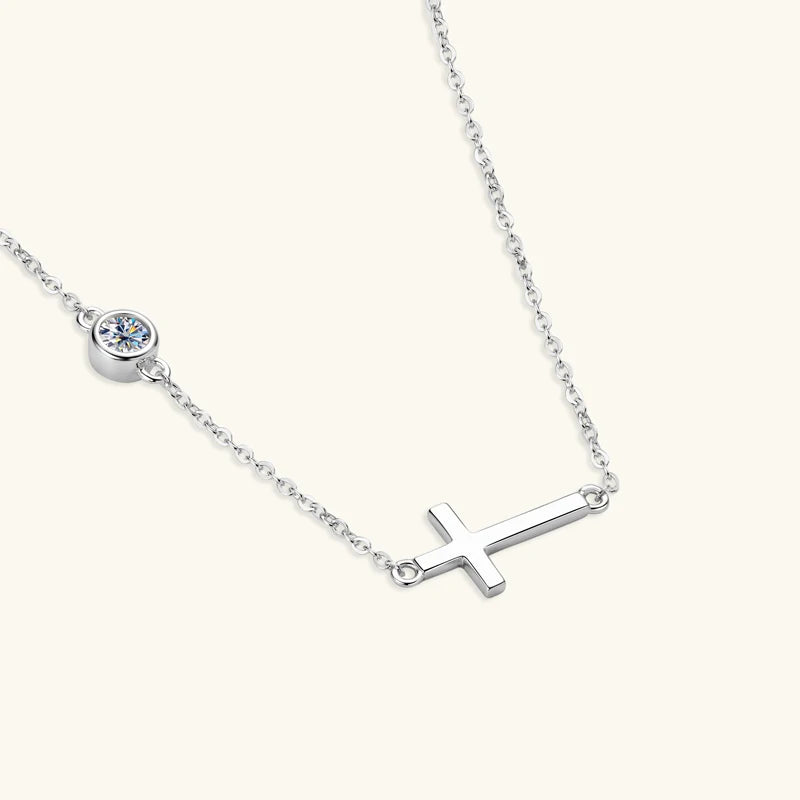 Sideways Moissanite Cross Necklace in Sterling Silver