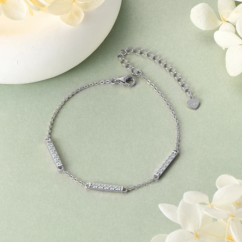 Dainty Moissanite Bar Link Silver Bracelet