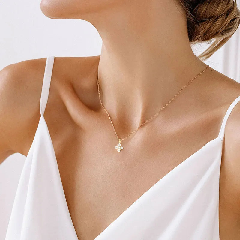 Dainty Clover Pearl and CZ Pendant Necklace