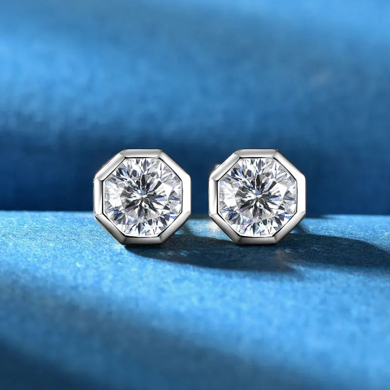 Octagon Bezel Set Moissanite Stud Earrings