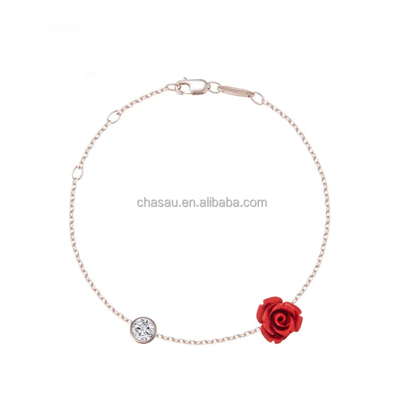 Rose Gold Chain Anklet with Red Rose and CZ