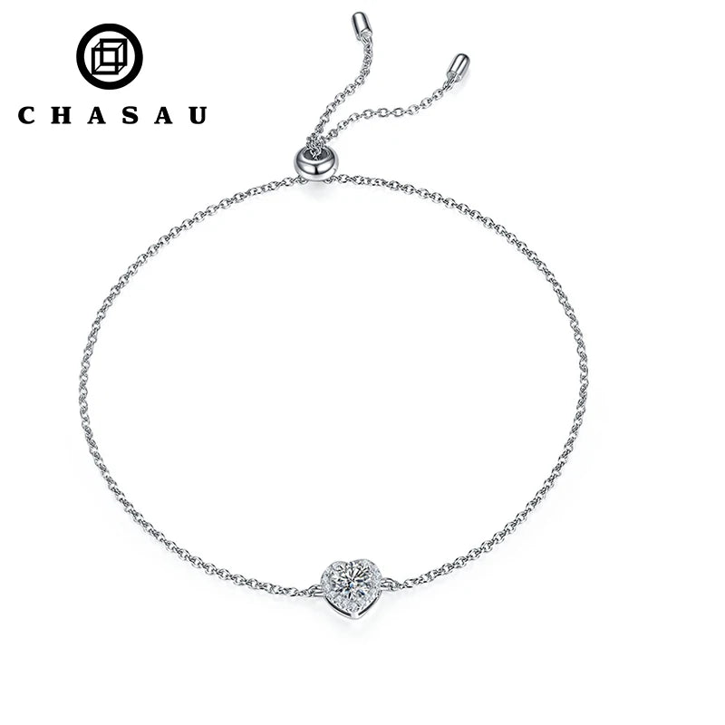 Dainty Silver Moissanite Heart Adjustable Bolo Bracelet
