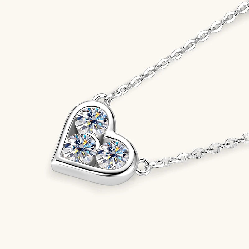 Three Stone Moissanite Heart Necklace