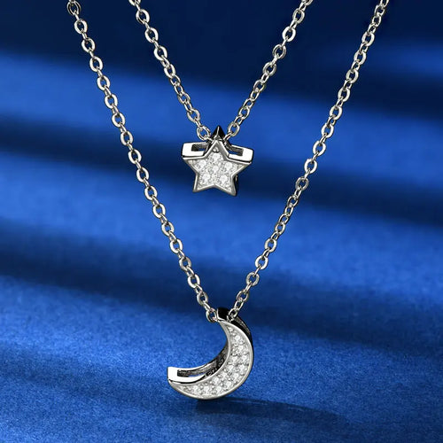 Dainty Layered Crescent Moon Star Silver Necklace