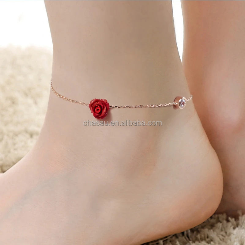 Rose Gold Chain Anklet with Red Rose and CZ