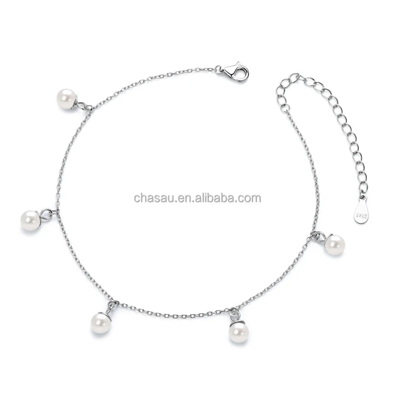 Dainty Silver Anklet with 5mm Pearl Drops