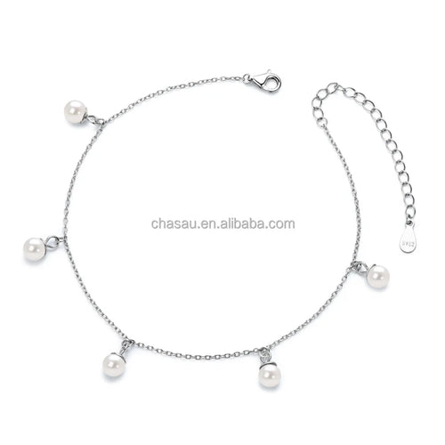 Dainty Silver Anklet with 5mm Pearl Drops
