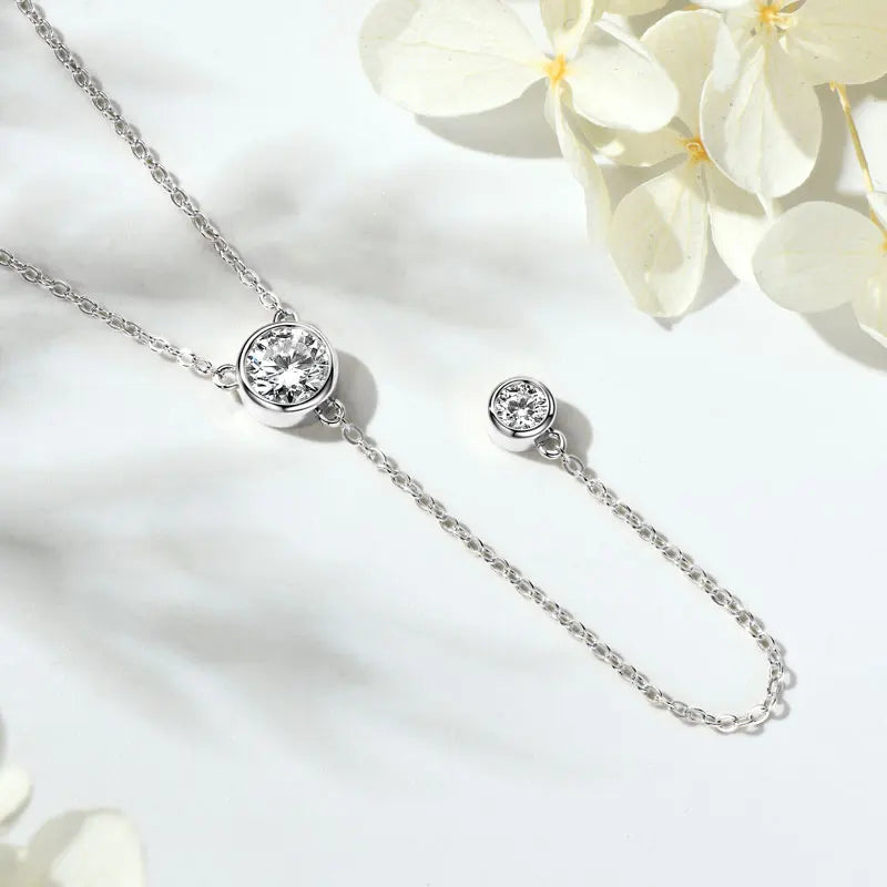 Silver Y-Lariat Necklace with Bezel Moissanite Stones