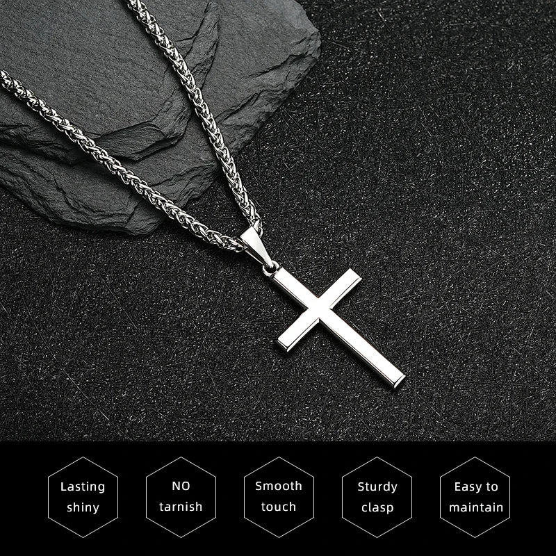 Polished Silver Cross Pendant Necklace Wheat Chain