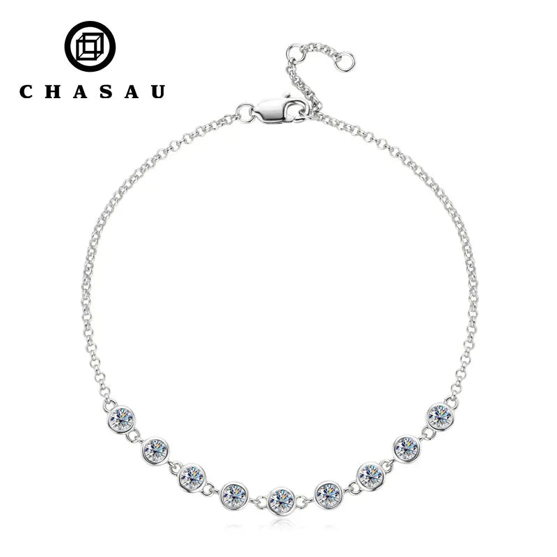 Dainty Bezel Set Round Moissanite Silver Chain Bracelet