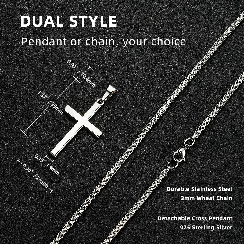 Polished Silver Cross Pendant Necklace Wheat Chain