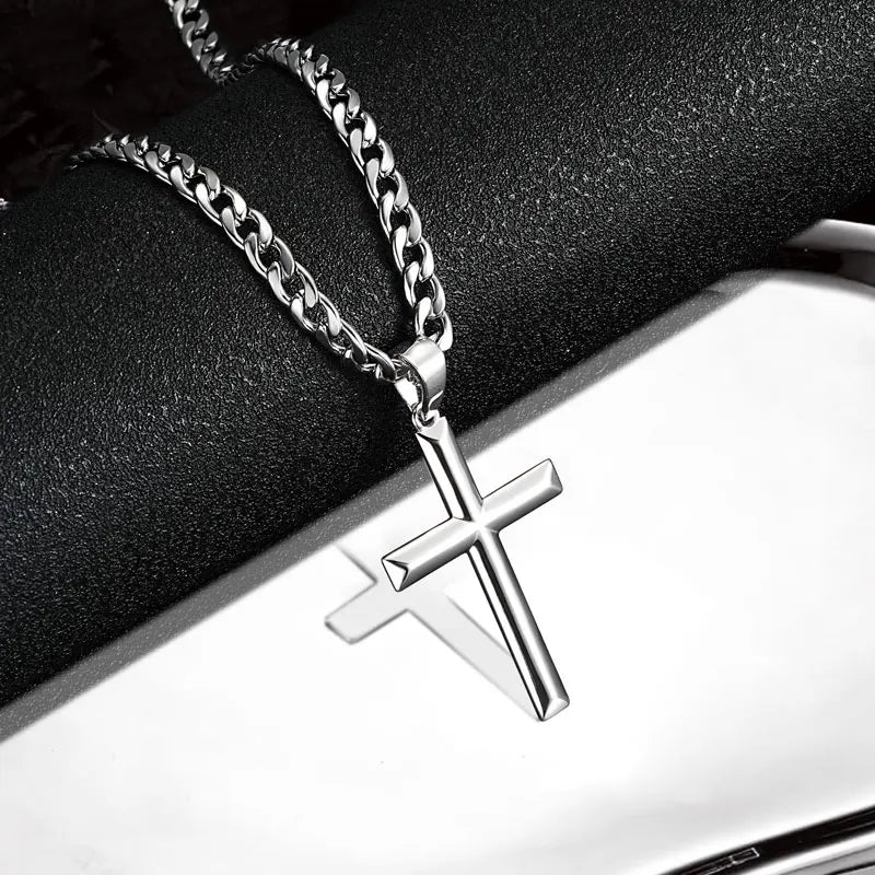 Men's Minimalist Polished Silver Cross Pendant Necklace