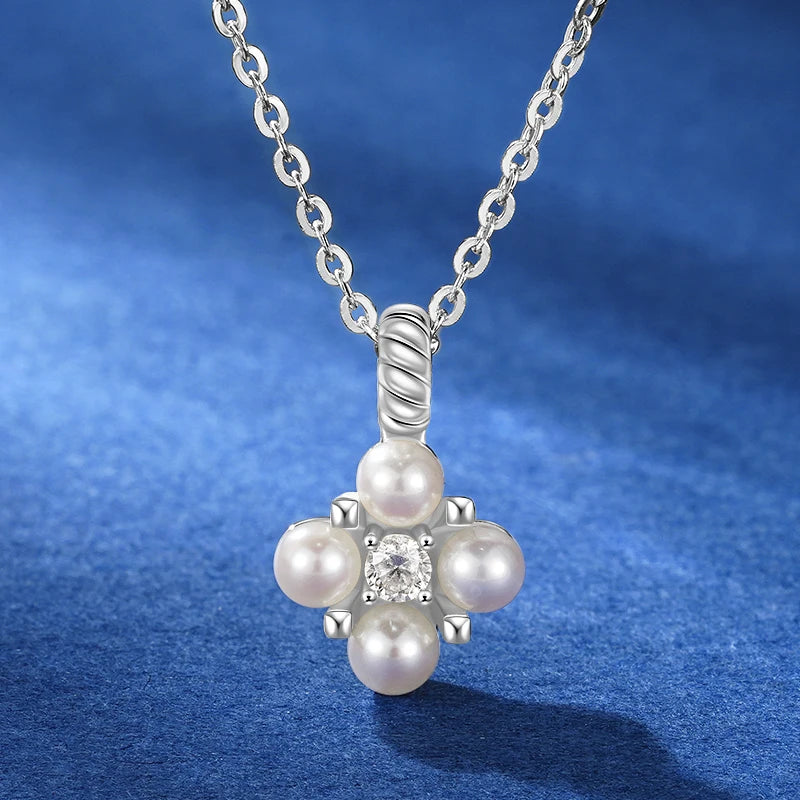Dainty Clover Pearl and CZ Pendant Necklace