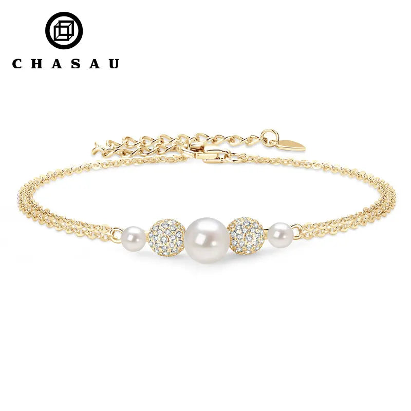 Double Chain Pearl Cubic Zirconia Bracelet