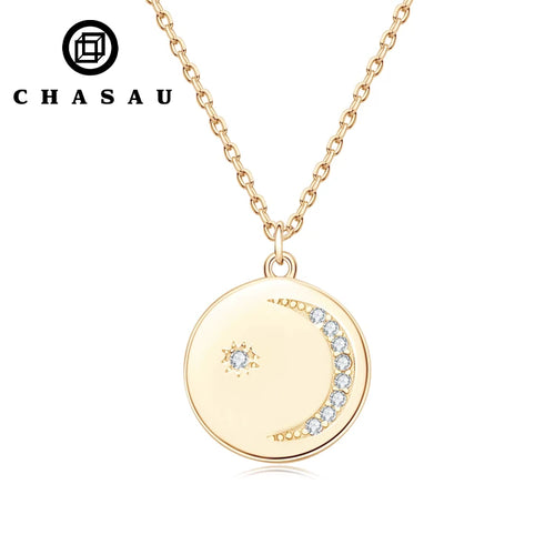 Dainty Disc Moon Star Gemstone Pendant Necklace