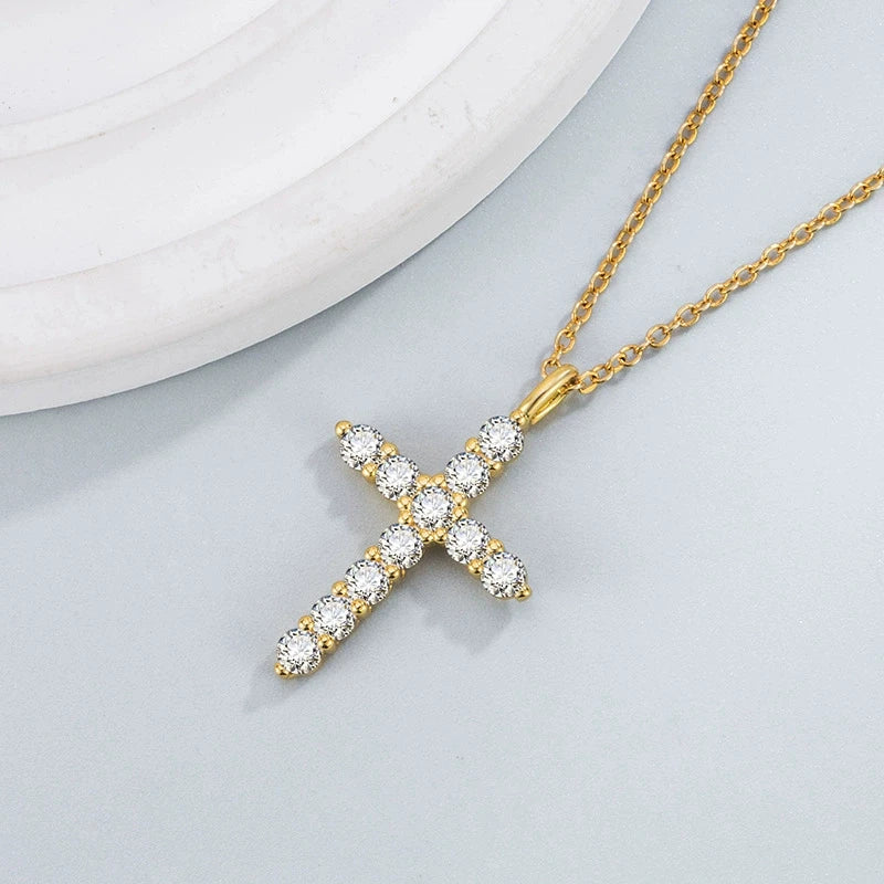Gold-Tone Cubic Zirconia Cross Pendant Necklace