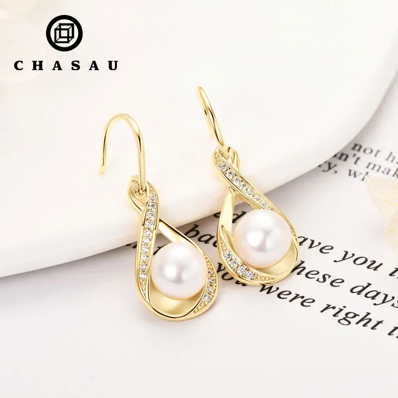 Infinity Dangle Earrings with Pearl and Cubic Zirconia