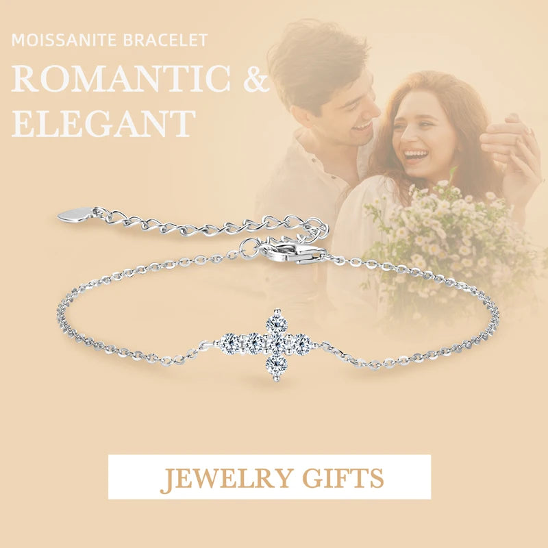 Small Moissanite Cross Bracelet in Sterling Silver