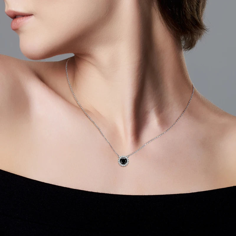 Silver Halo Black Moissanite Round Pendant Necklace