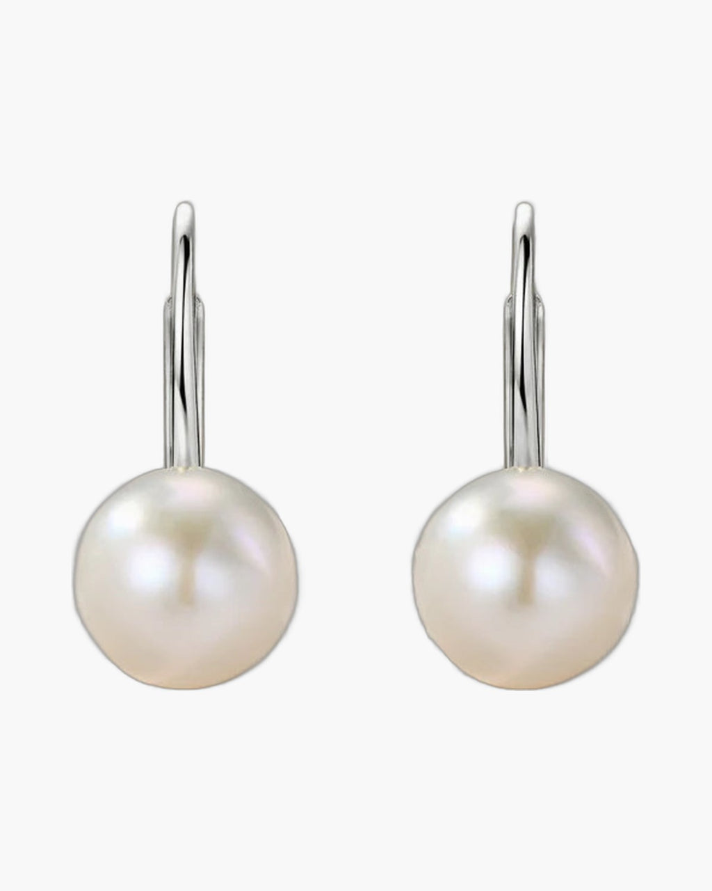 Elegant women's silver 925 leverback earrings with lustrous white round pearls