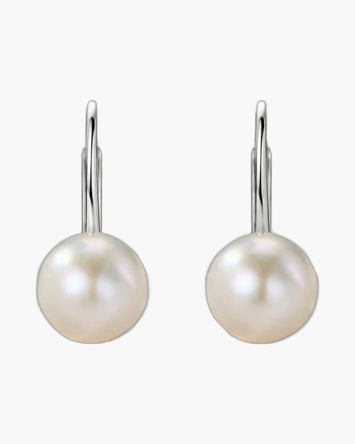 Elegant women's silver 925 leverback earrings with lustrous white round pearls