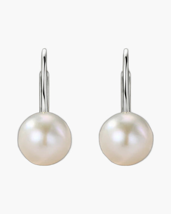 Elegant women's silver 925 leverback earrings with lustrous white round pearls