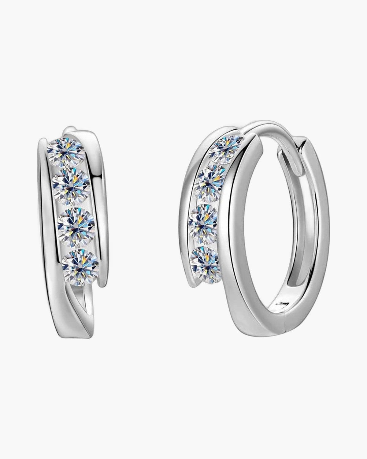 Women's polished silver huggie hoop earrings with five sparkling round moissanite stones