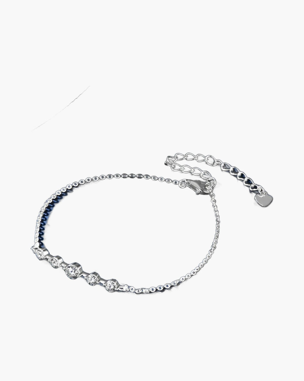 Elegant women's silver 925 bracelet with five sparkling cubic zirconia stones on blue background