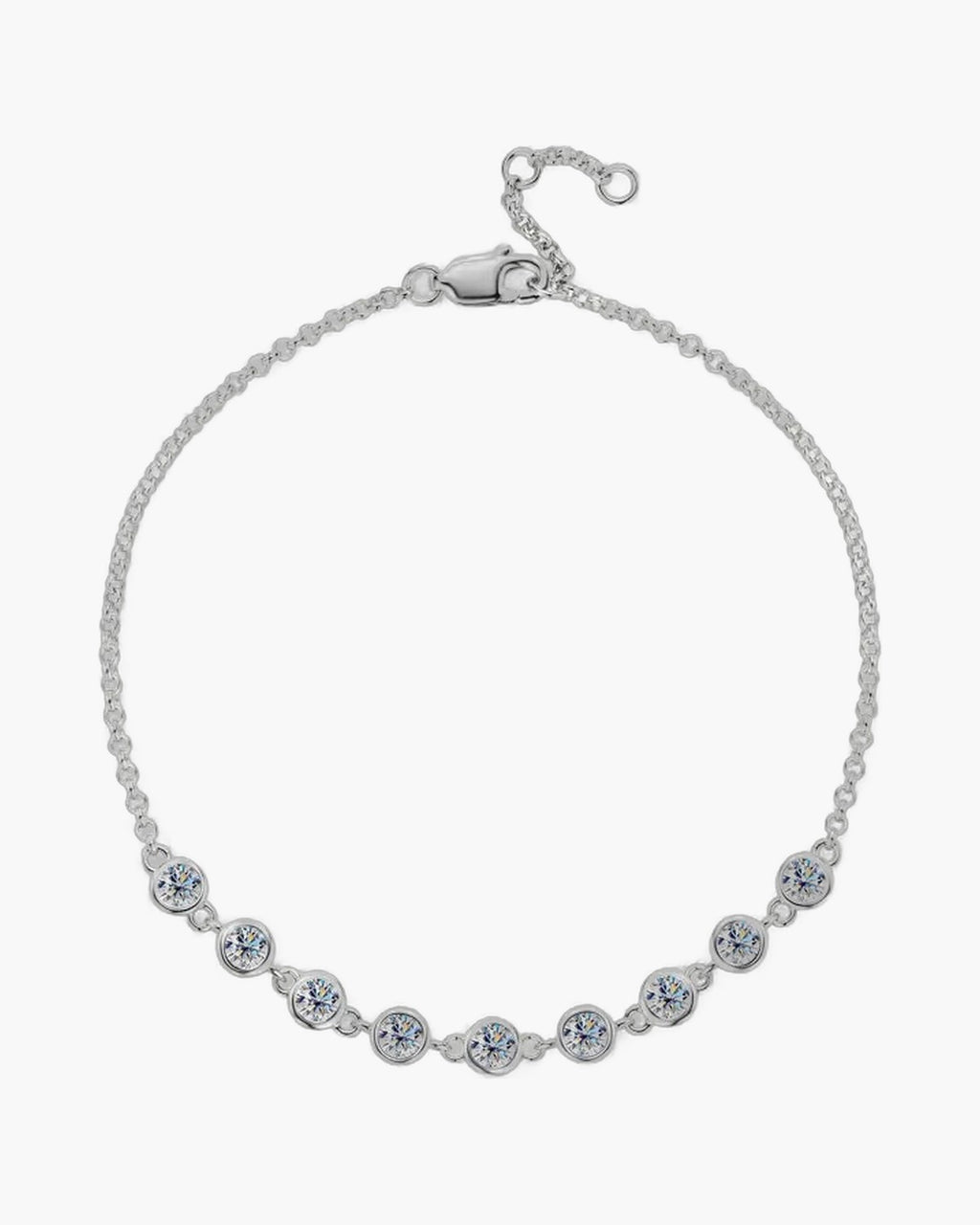 Dainty women's silver 925 bracelet with round bezel-set cubic zirconia stones and lobster clasp