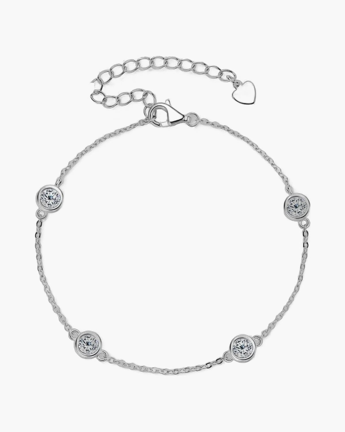 Women's silver 925 bracelet with bezel-set round moissanite stones and heart charm