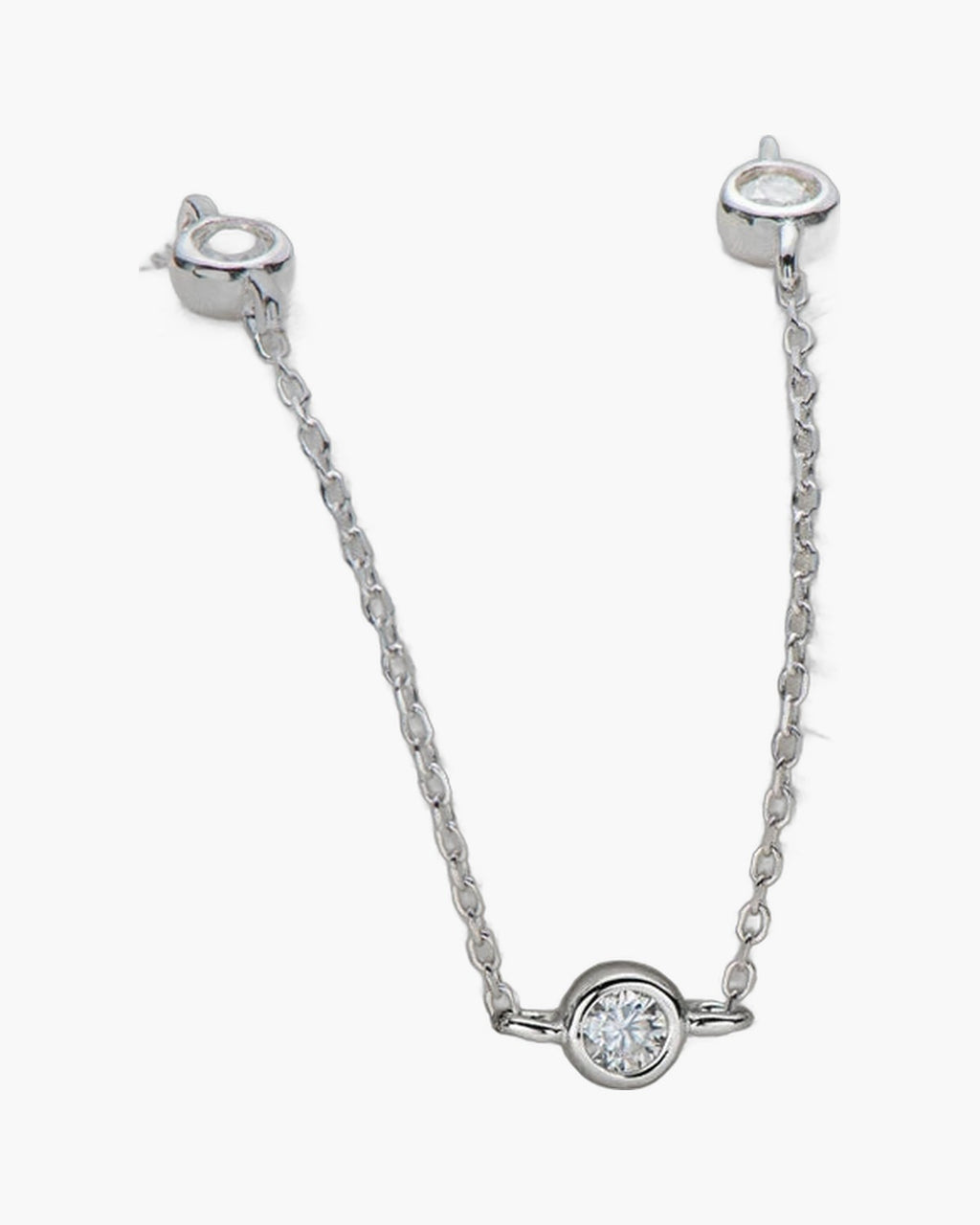 Delicate women's silver chain necklace with a single bezel-set round brilliant diamond pendant
