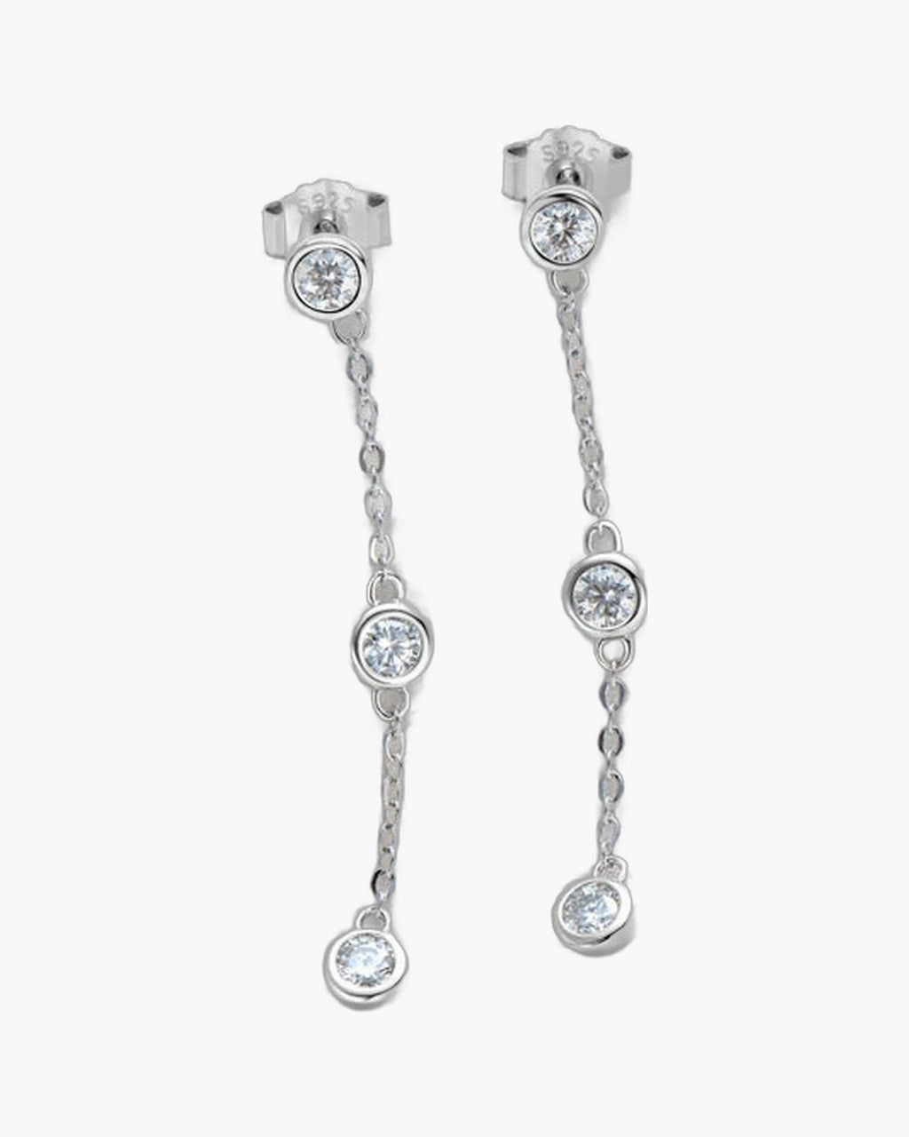 Dainty women's silver 925 drop earrings with three bezel-set cubic zirconia stones